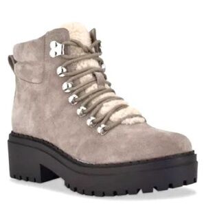 Marc Fisher MLNairy Grey Suede Shearling Ankle Boot Sz 8.5 Lug Wool Hiking